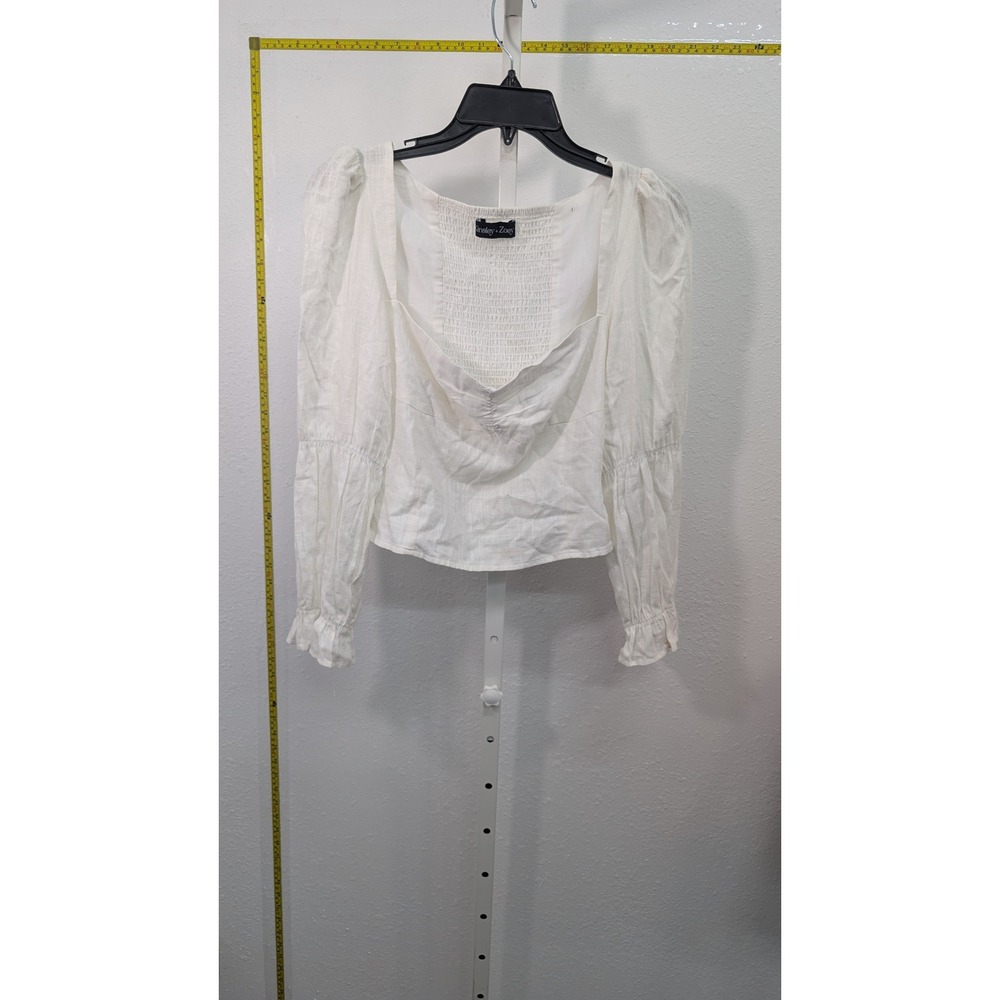 Kinsley+Zoey Womens White Smocked Back Puff Sleeve Blouse Square‎ Neck Top Large